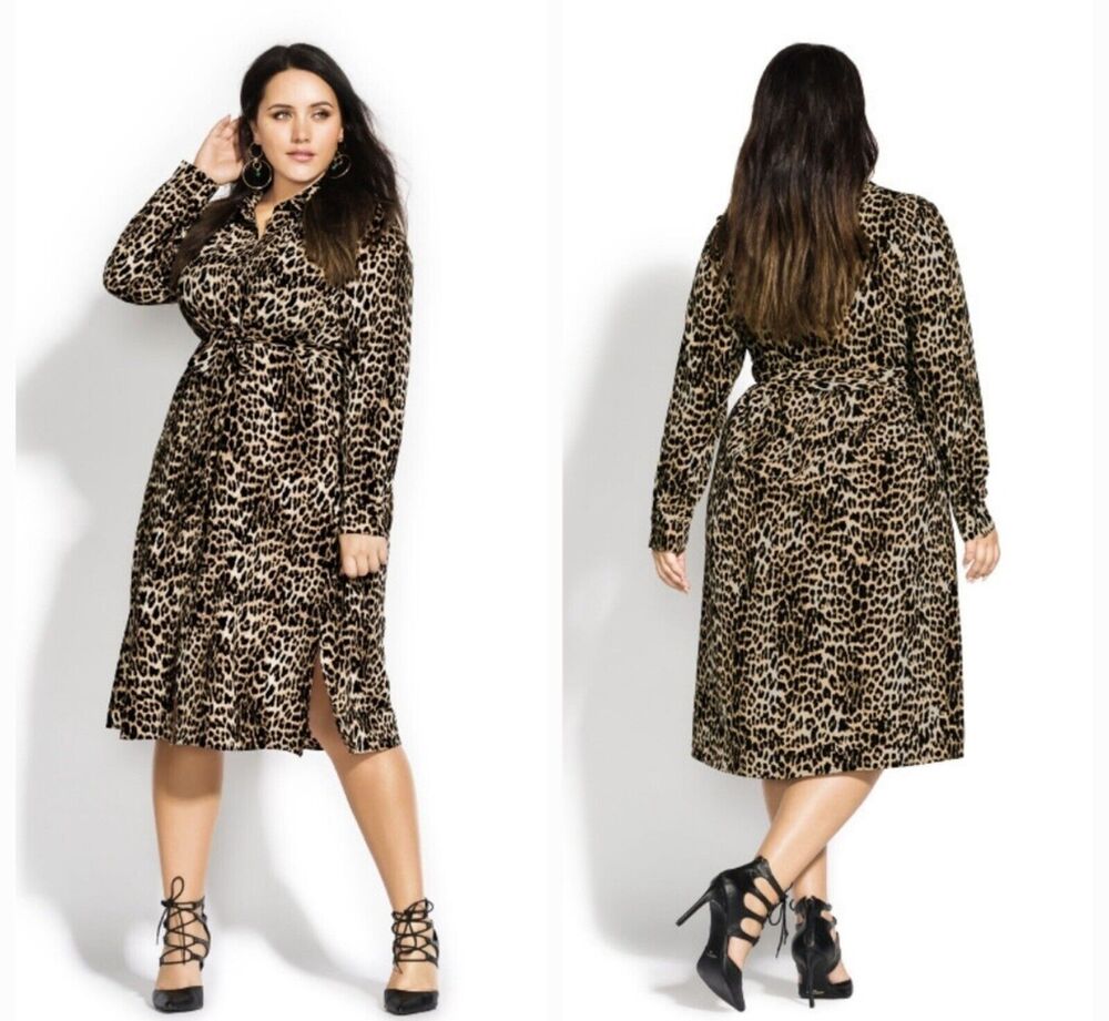 City Chic Leopard Twist Button Front Belted Dress XXL